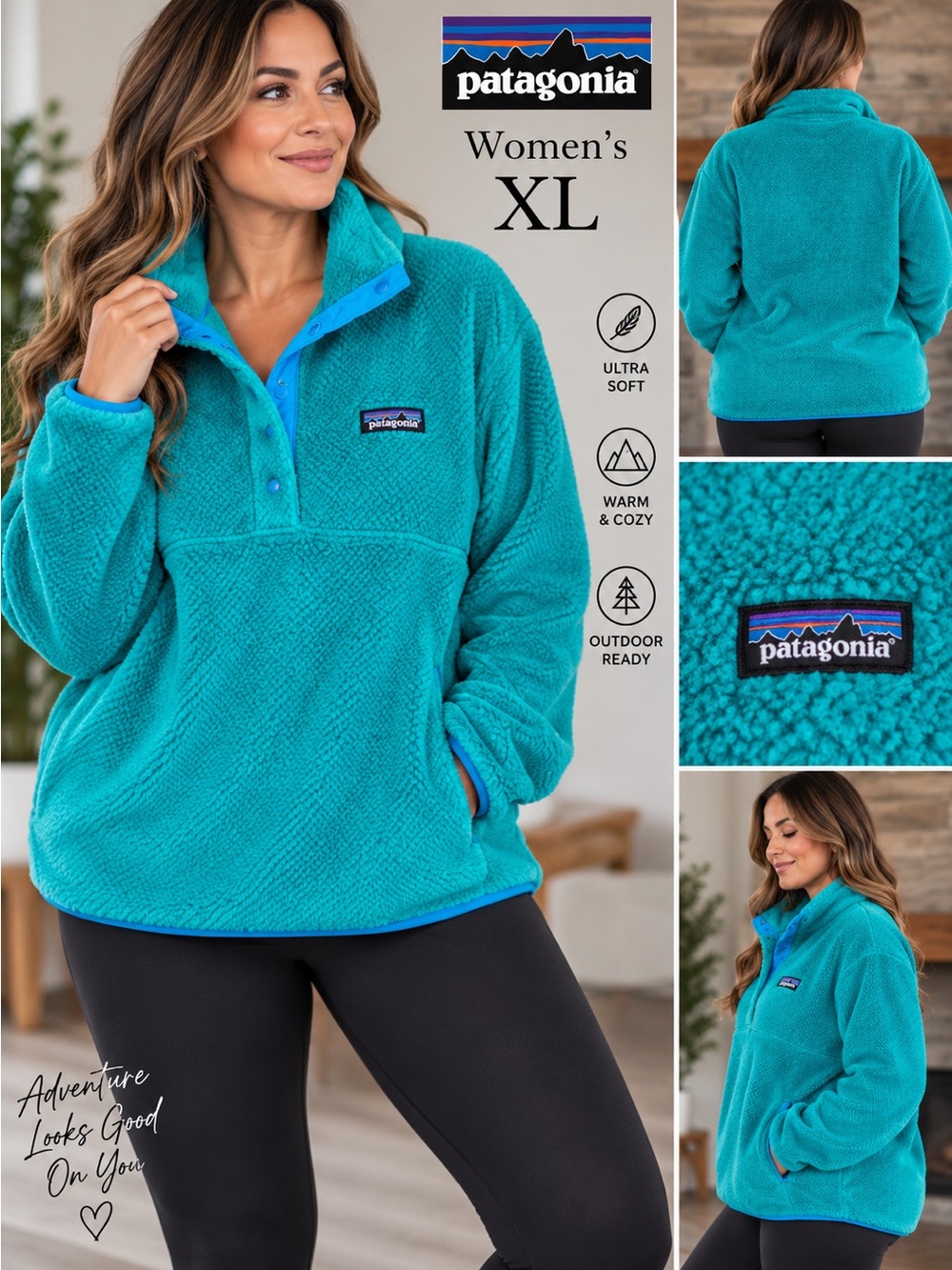 Patagonia Women's XL Teal Snap-Placket Fleece Pullover